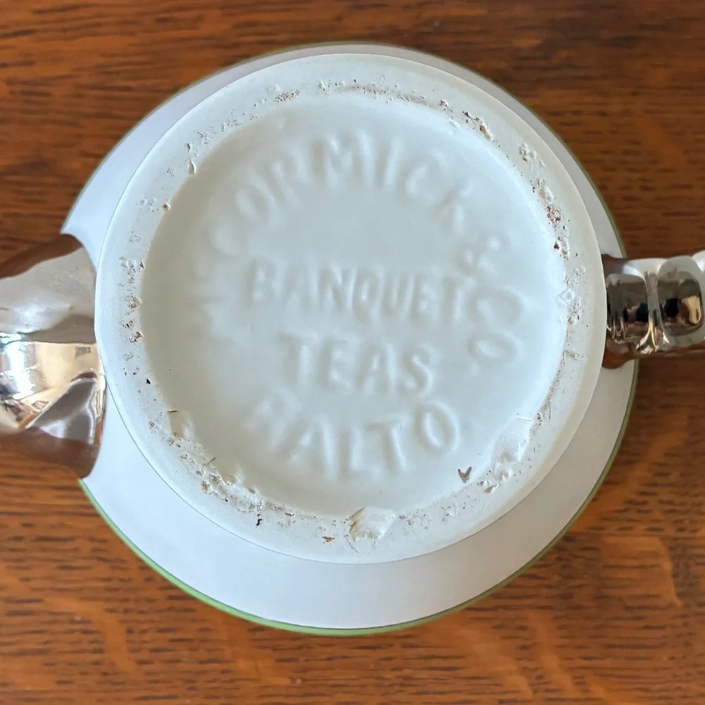 1940s McCormick & Co “Banquet Teas” Balto Teapot with Infuser Green White Silver